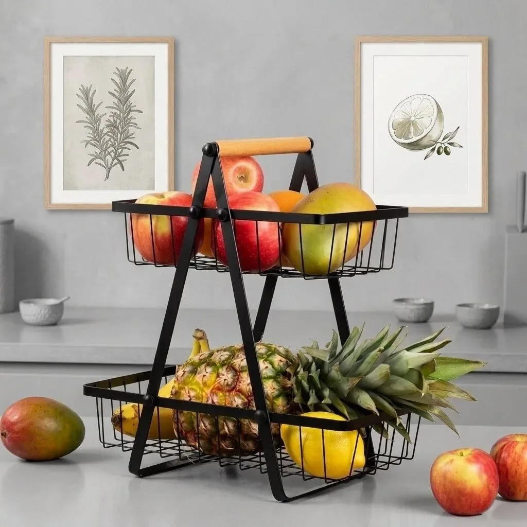 Loft 2-Tier Wire Basket Organizer with Wooden Handle