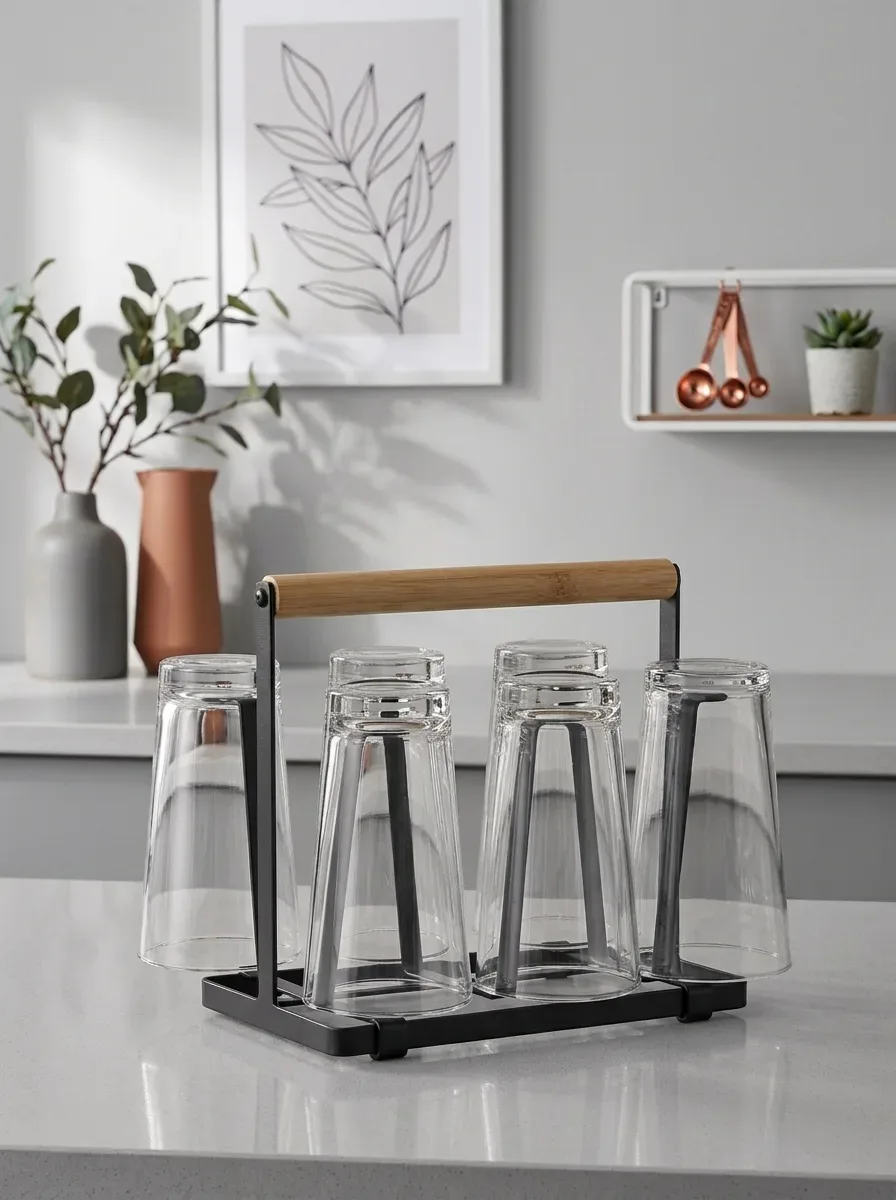Loft 6-Hook Glass Drying Stand with Wooden Handle