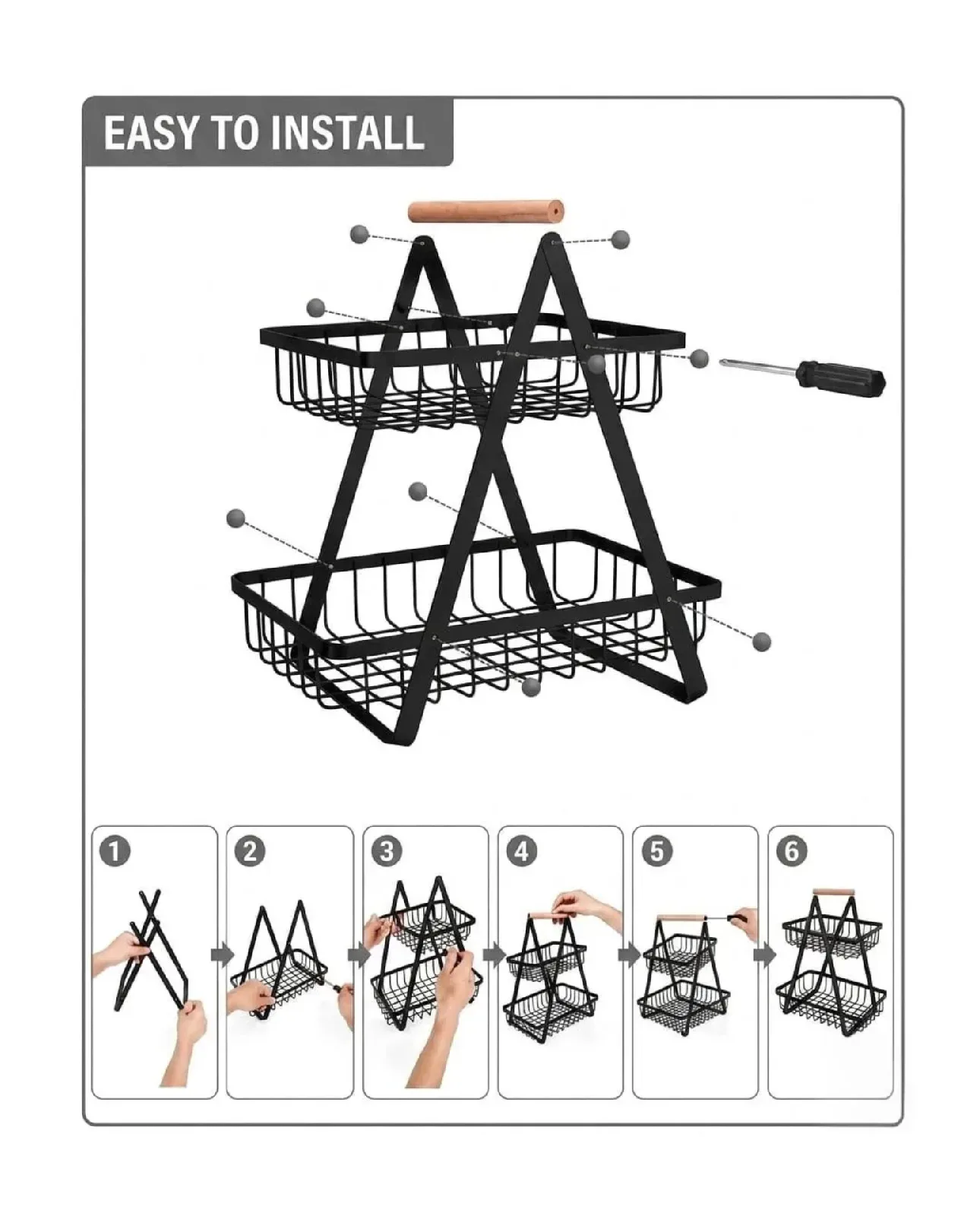Loft 2-Tier Wire Basket Organizer with Wooden Handle
