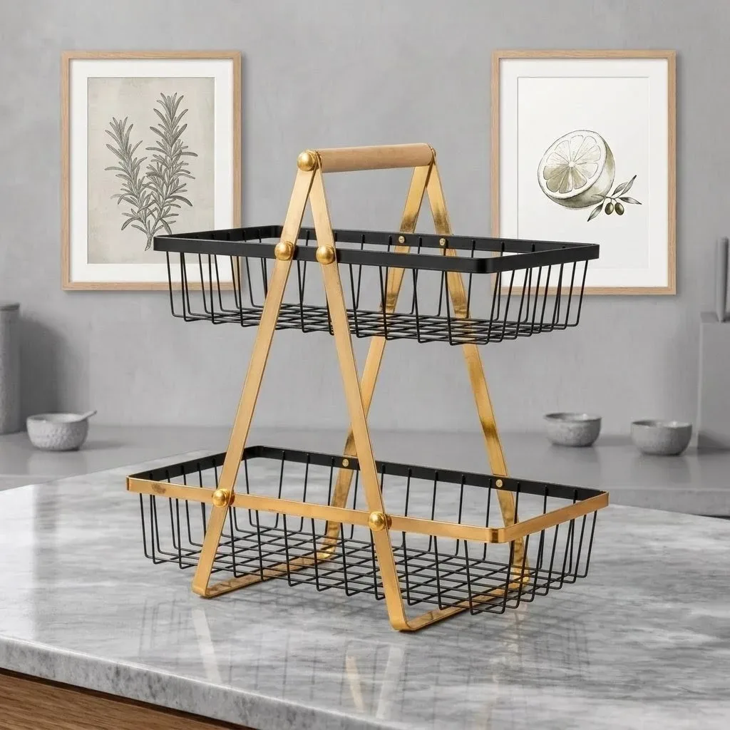 Loft 2-Tier Wire Basket Organizer with Wooden Handle