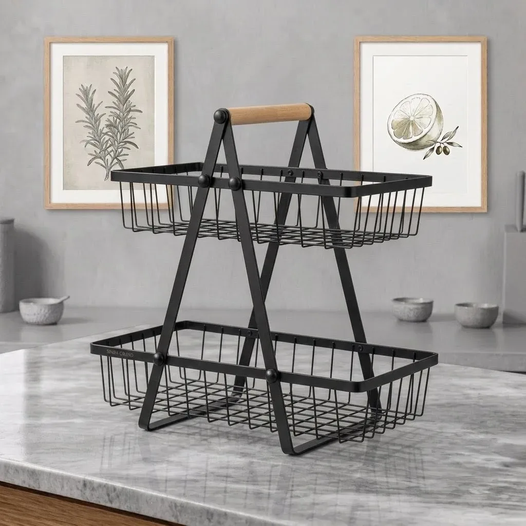 Loft 2-Tier Wire Basket Organizer with Wooden Handle